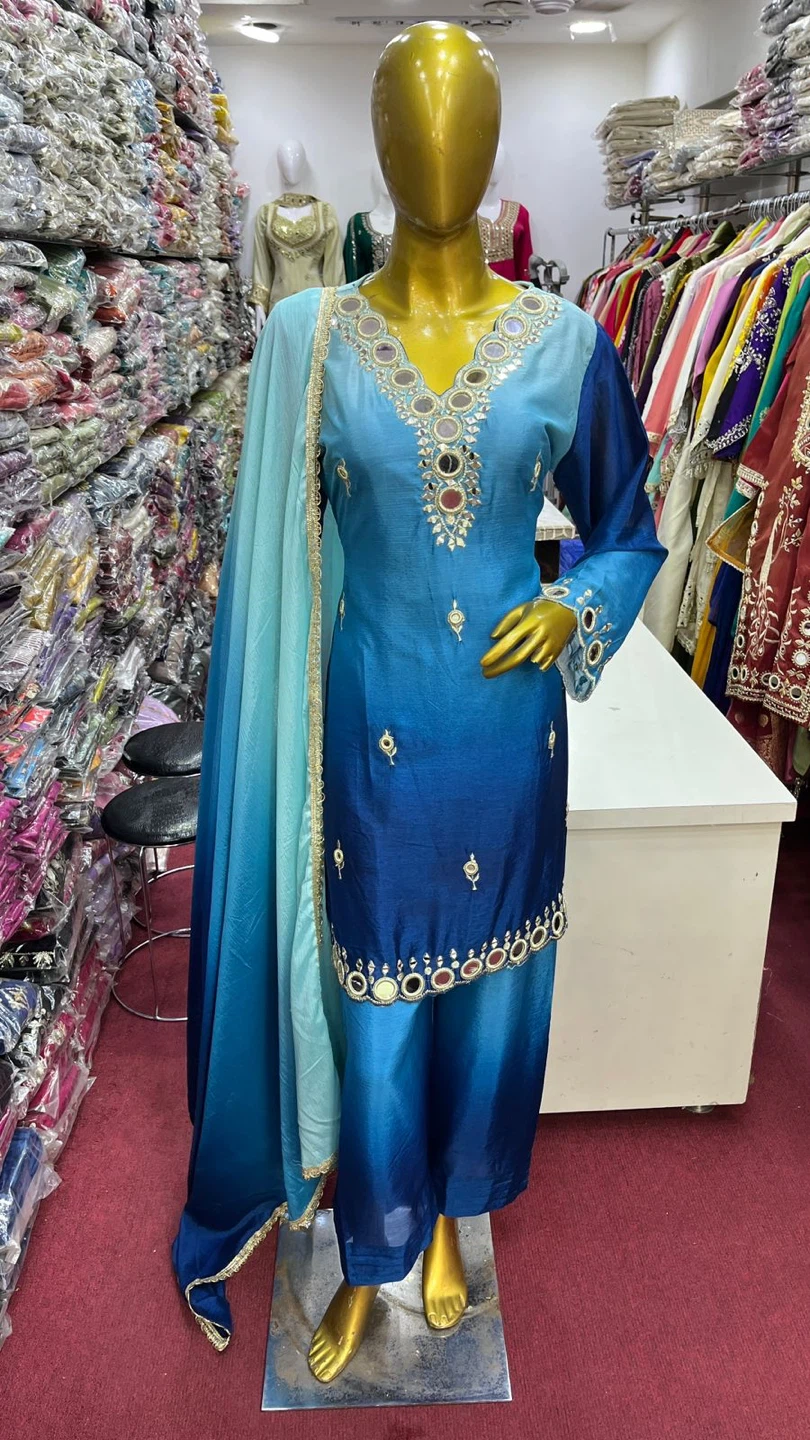 Blue Ombre Mirror Work Salwar Kameez