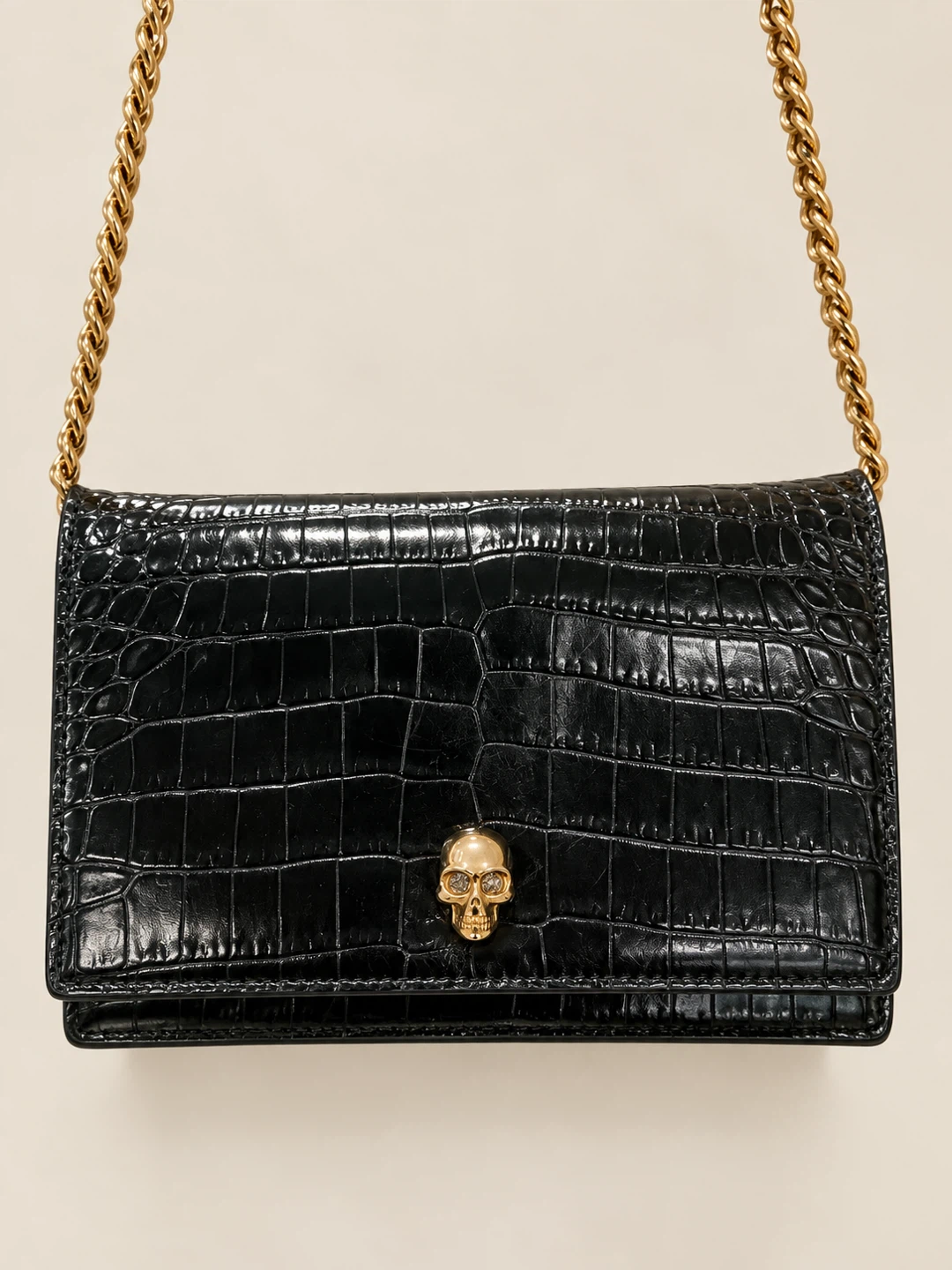 Alexander McQueen Black Crocodile Embossed Skull Bag
