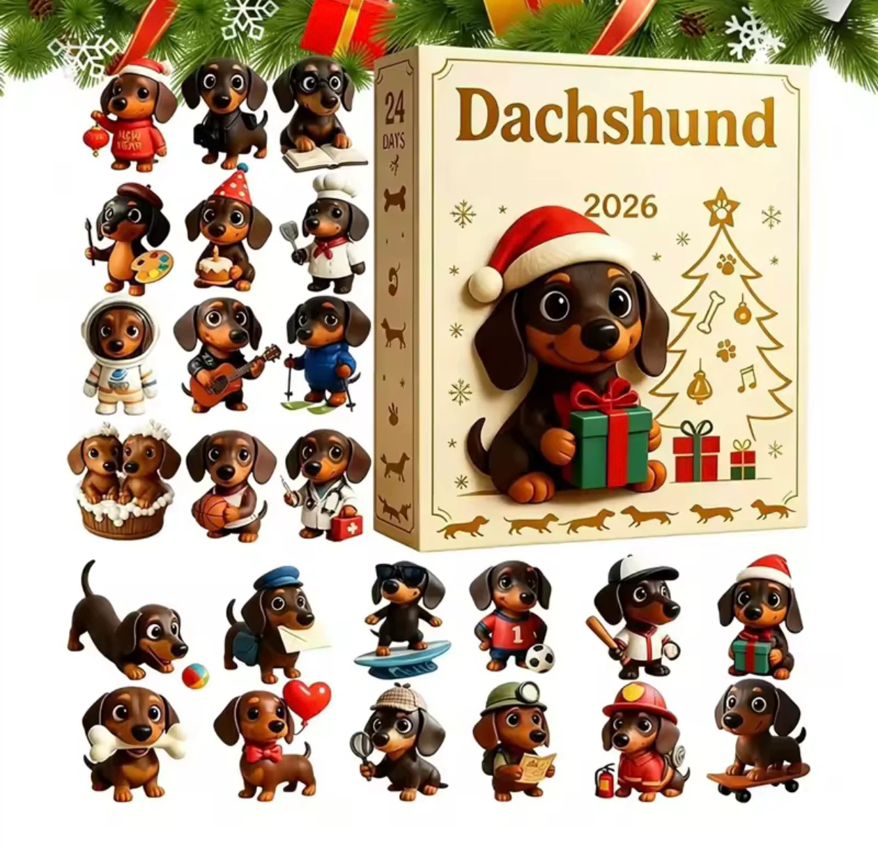 NEW 24‑Piece Dachshund Dog Figures Christmas Advent Calendar