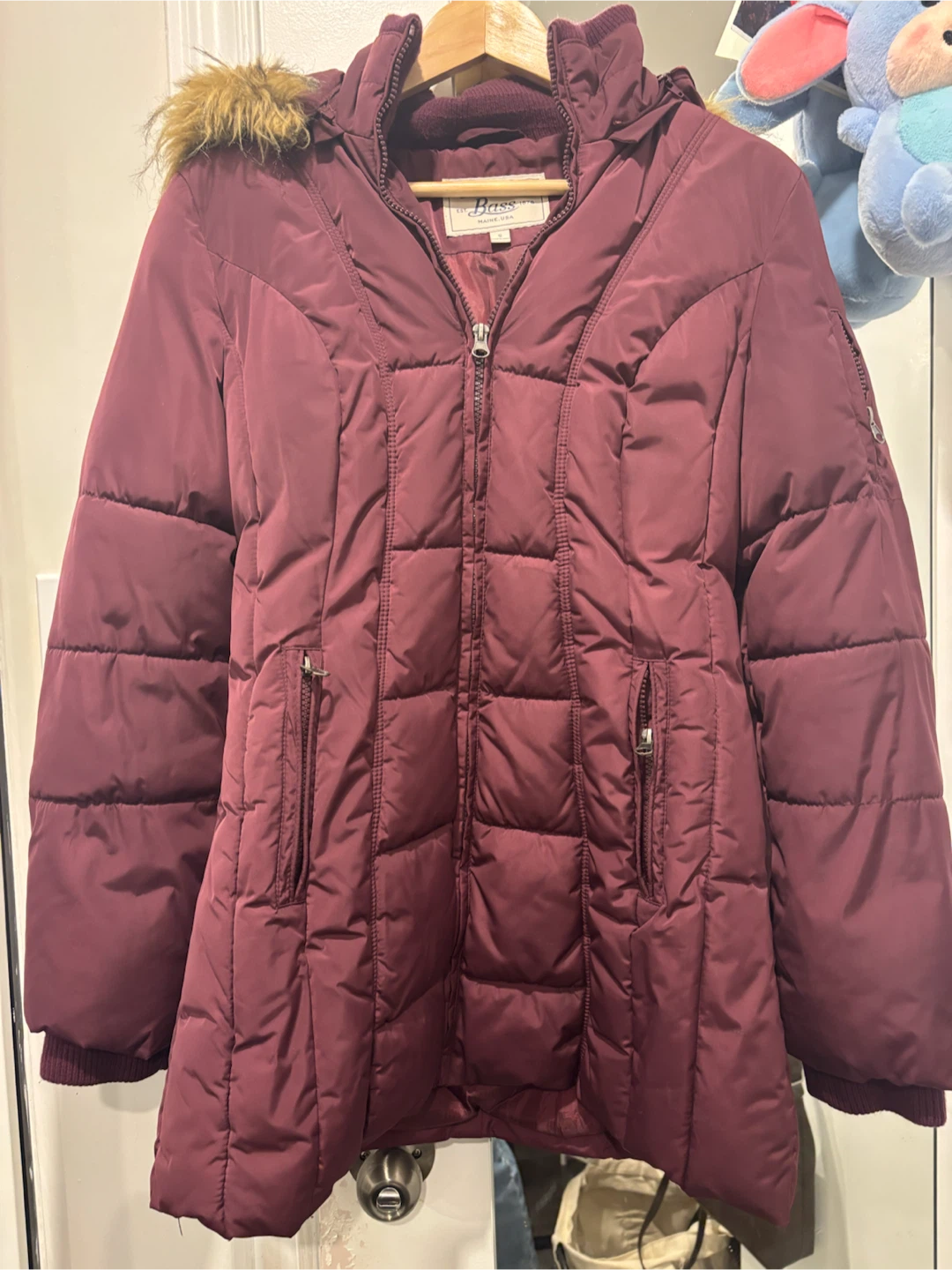 Bass Puffer Jacket with Faux Fur Hood - Maroon
