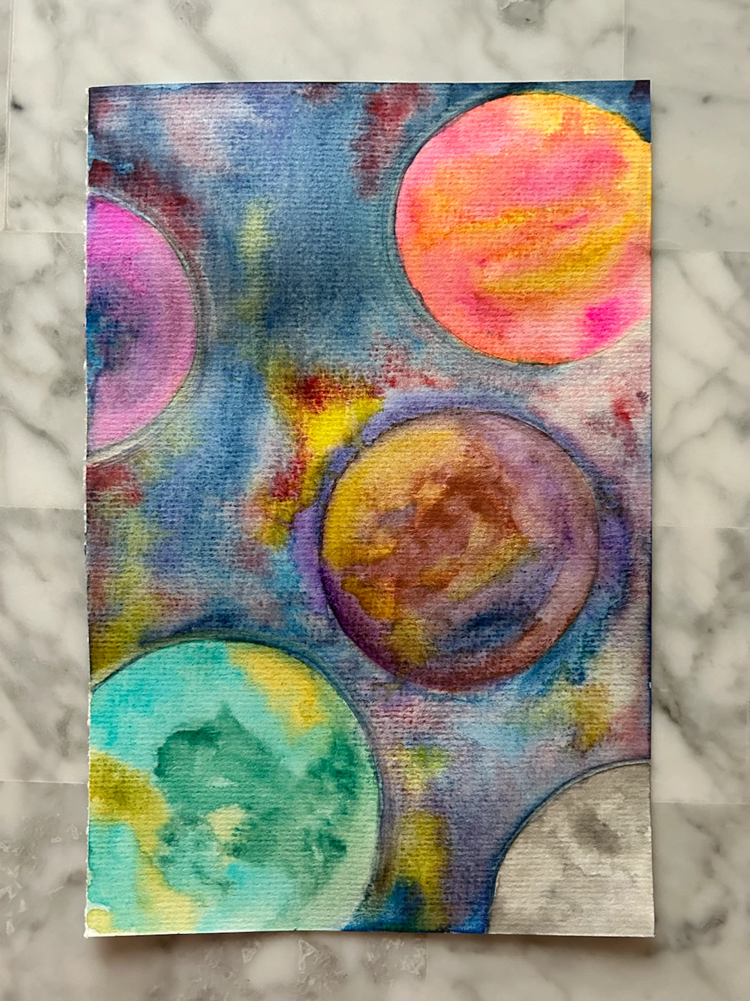 Original Abstract Planet & Space Watercolour Painting – 6” × 9”
