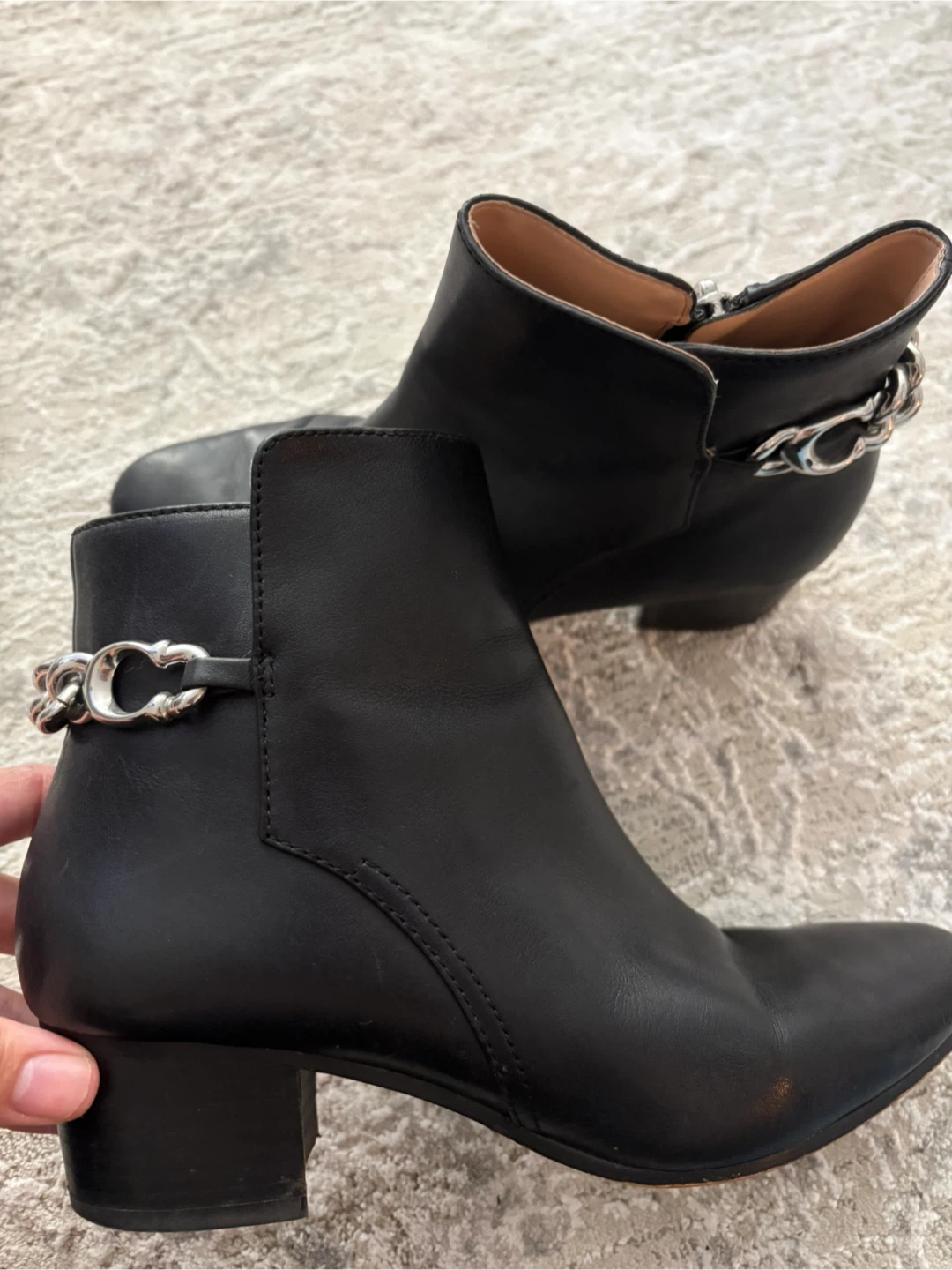 Coach black leather ankle boots with chain detail
