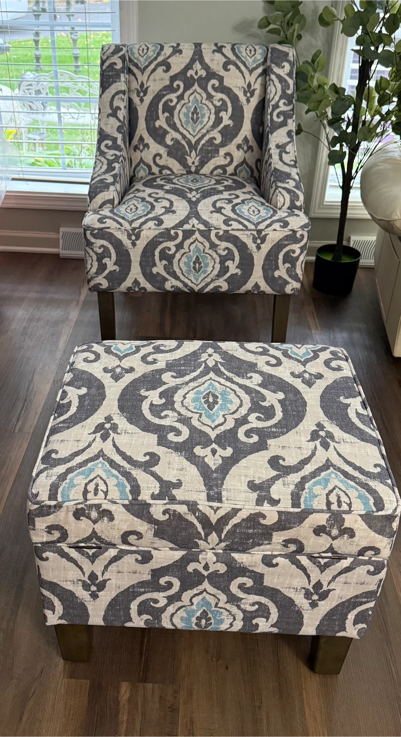 Multicolor Patterned Accent Chair with  storage ottoman