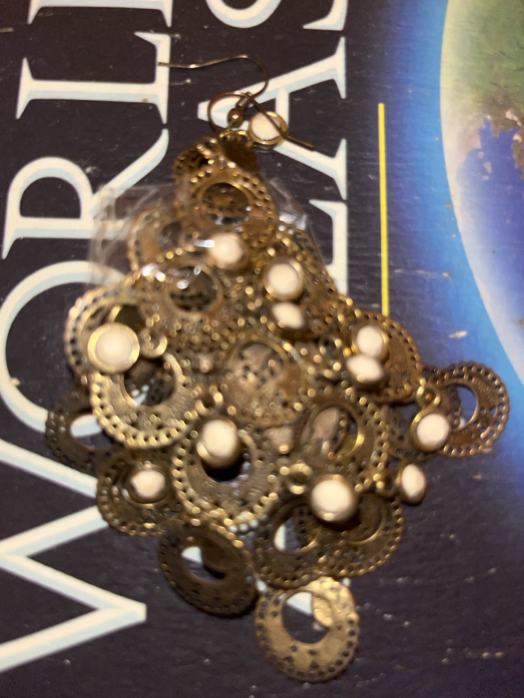 Filigree Brass and White Stone Dangle Earrings