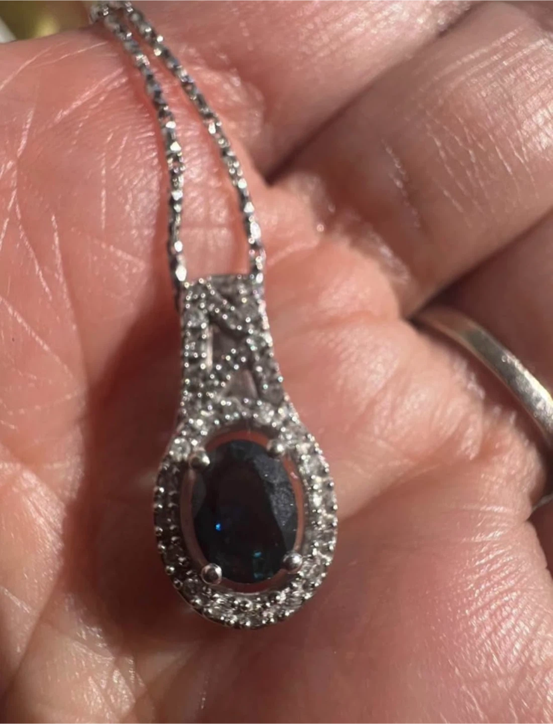 10K Gold Oval Sapphire and Diamond Pendant Necklace