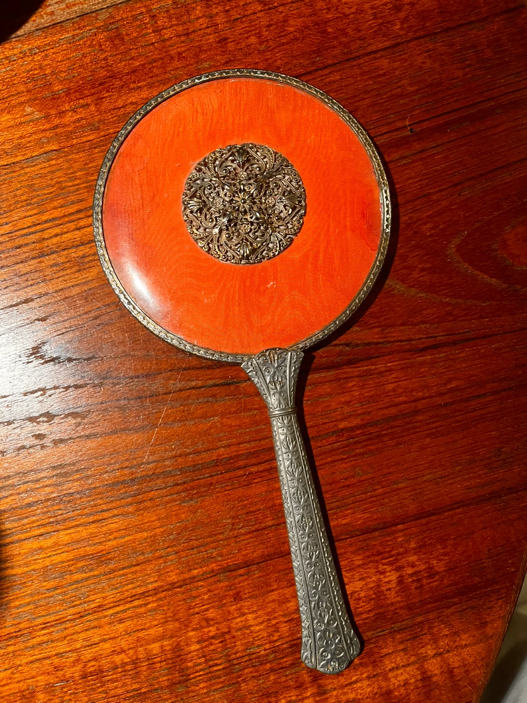 Vintage Ornate Hand Mirror with Orange Back