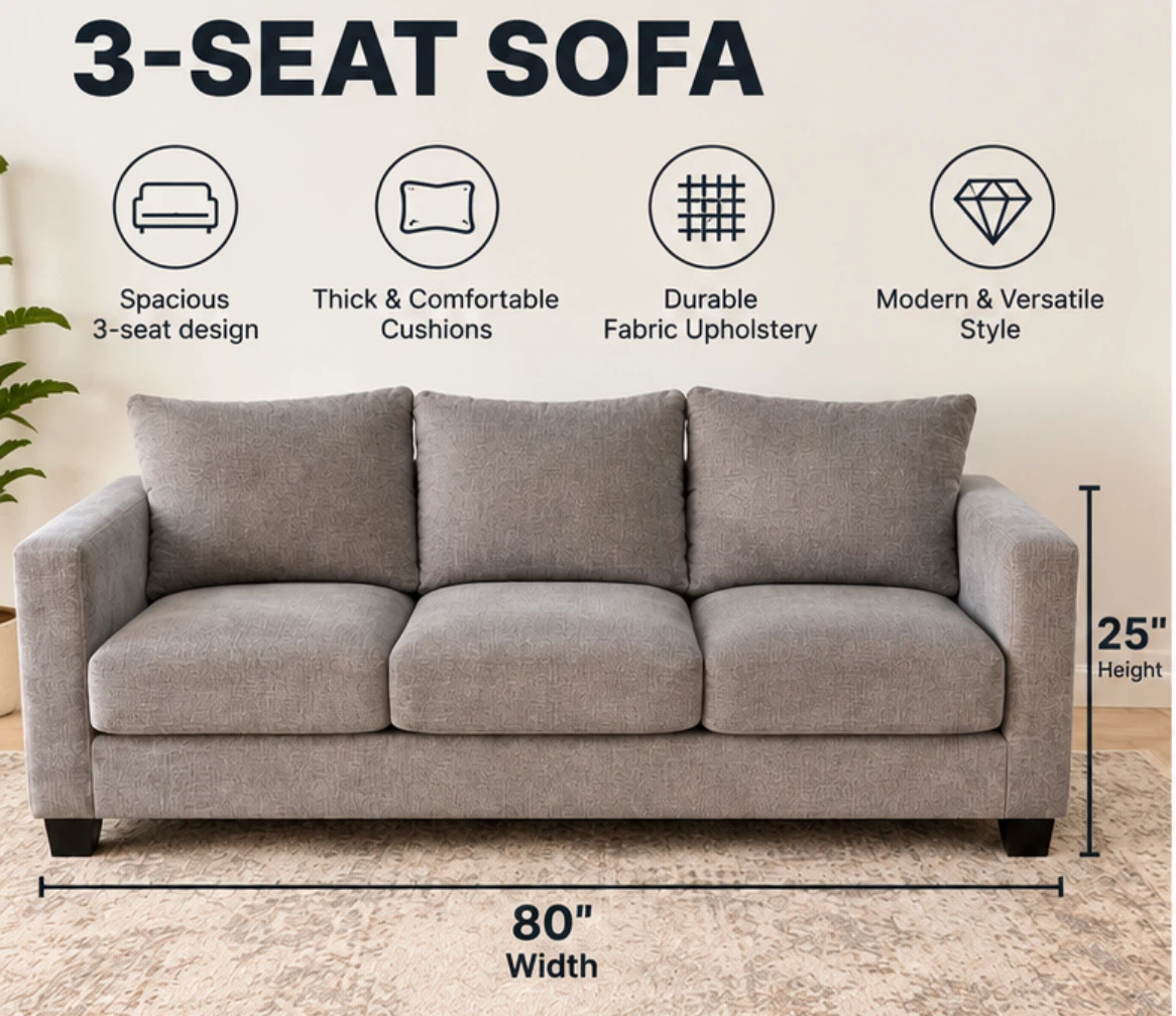 Modern 3-Seat Grey Fabric Sofa - photo 4
