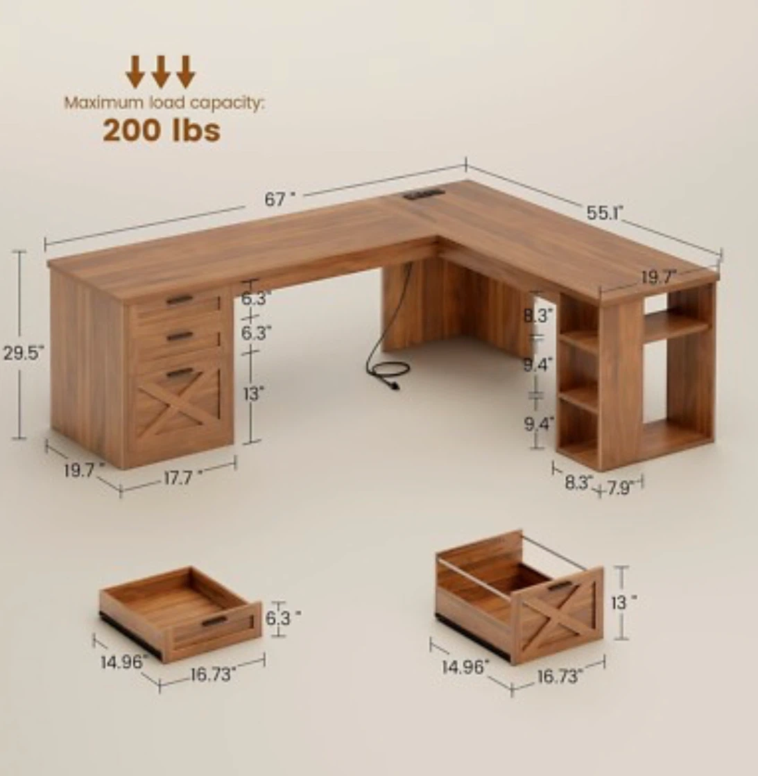 67-inch L-Shaped Office Desk with Drawers - photo 2