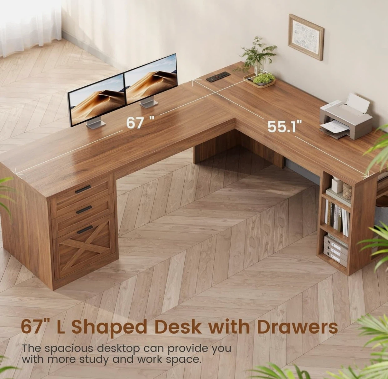 67-inch L-Shaped Office Desk with Drawers - photo 4