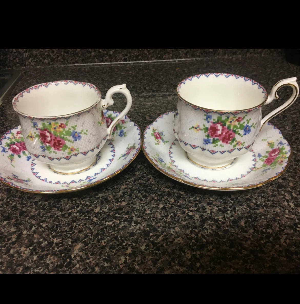 Two Royal Albert Petit Point Tea Cups and Saucers