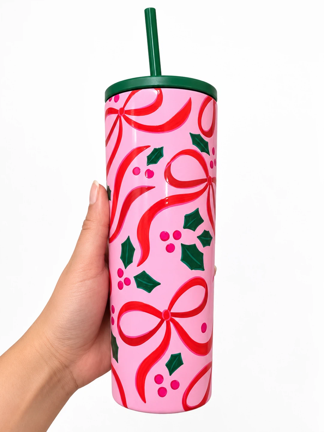 NEW Sleigh Bell Bistro Pink Christmas Bow Tumbler 24oz