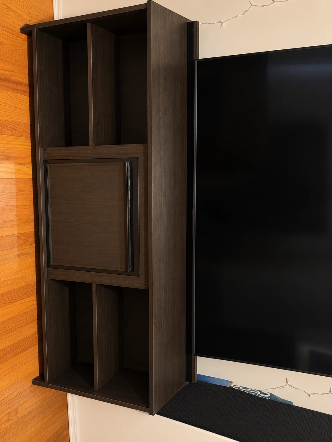 Dark Wood Vertical Fireplace heat throwing tv stand