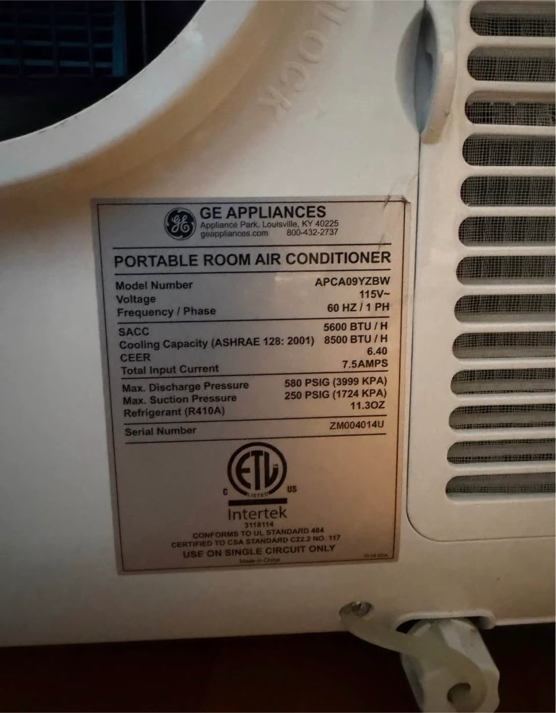 GE Portable Air Conditioner APCA09YZBW - photo 5