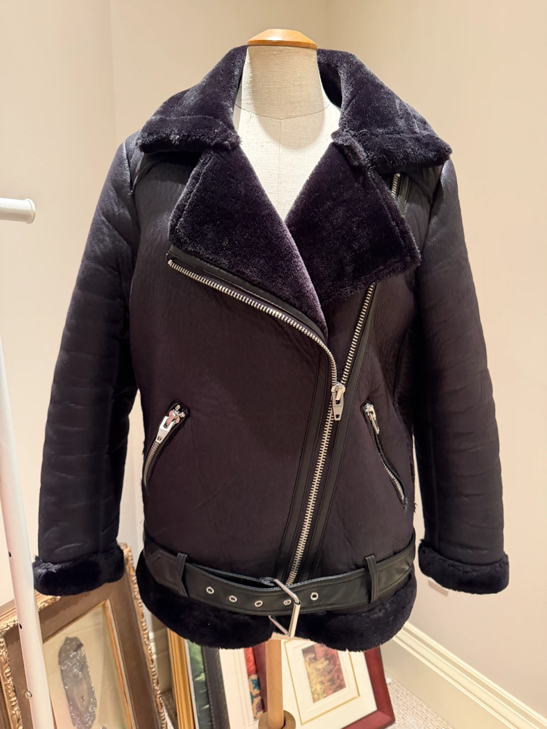 H&M Black Faux Fur Lined Aviator Jacket