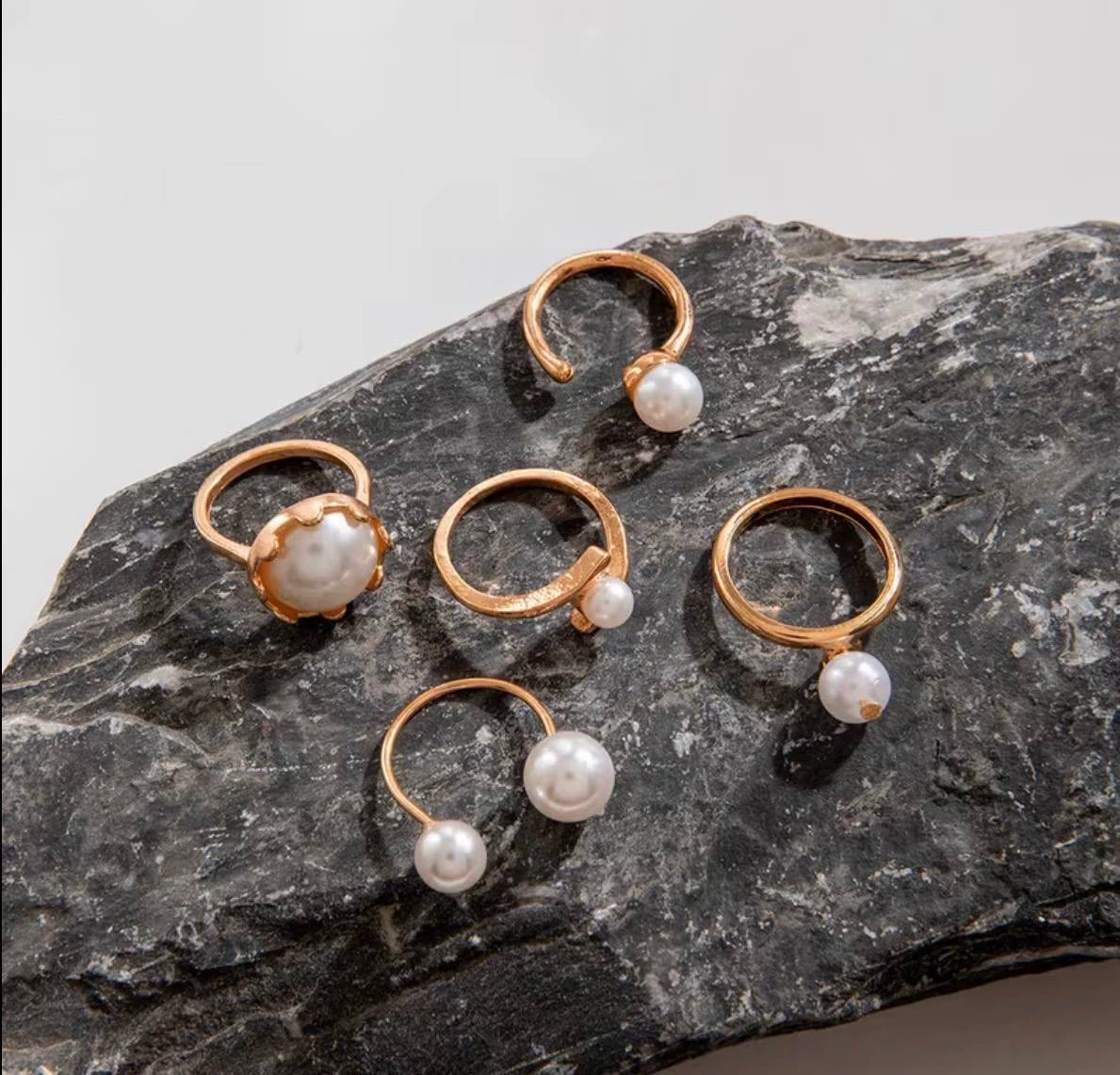 Gold-Toned Pearl Ring Set, 5 Rings - photo 3