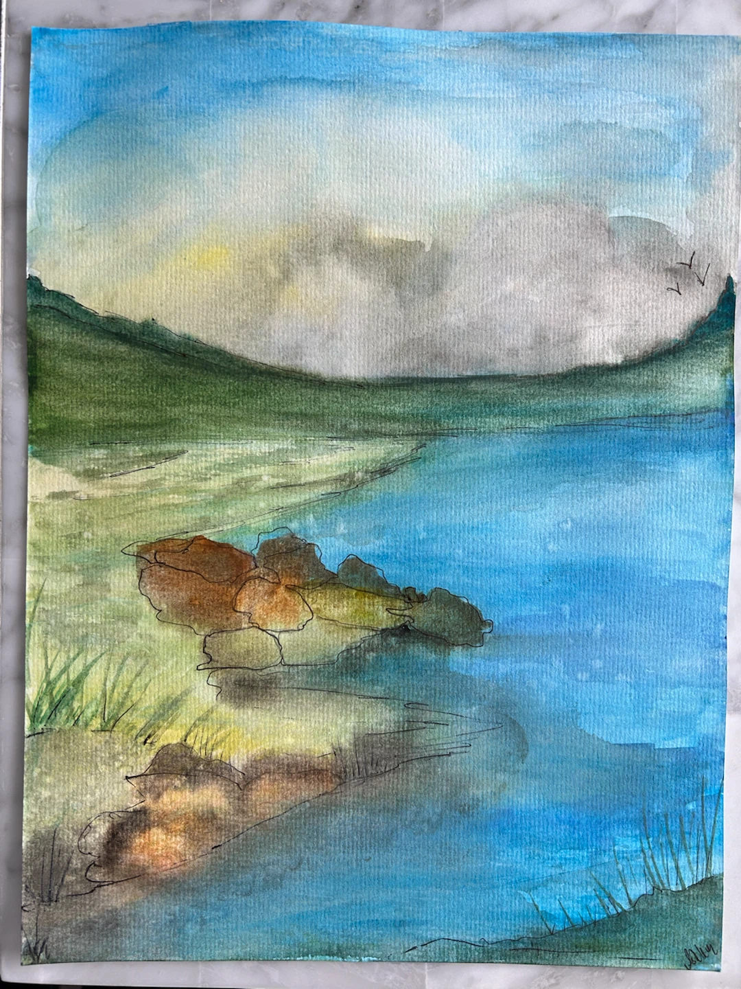 Hand-painted landscape watercolour painting