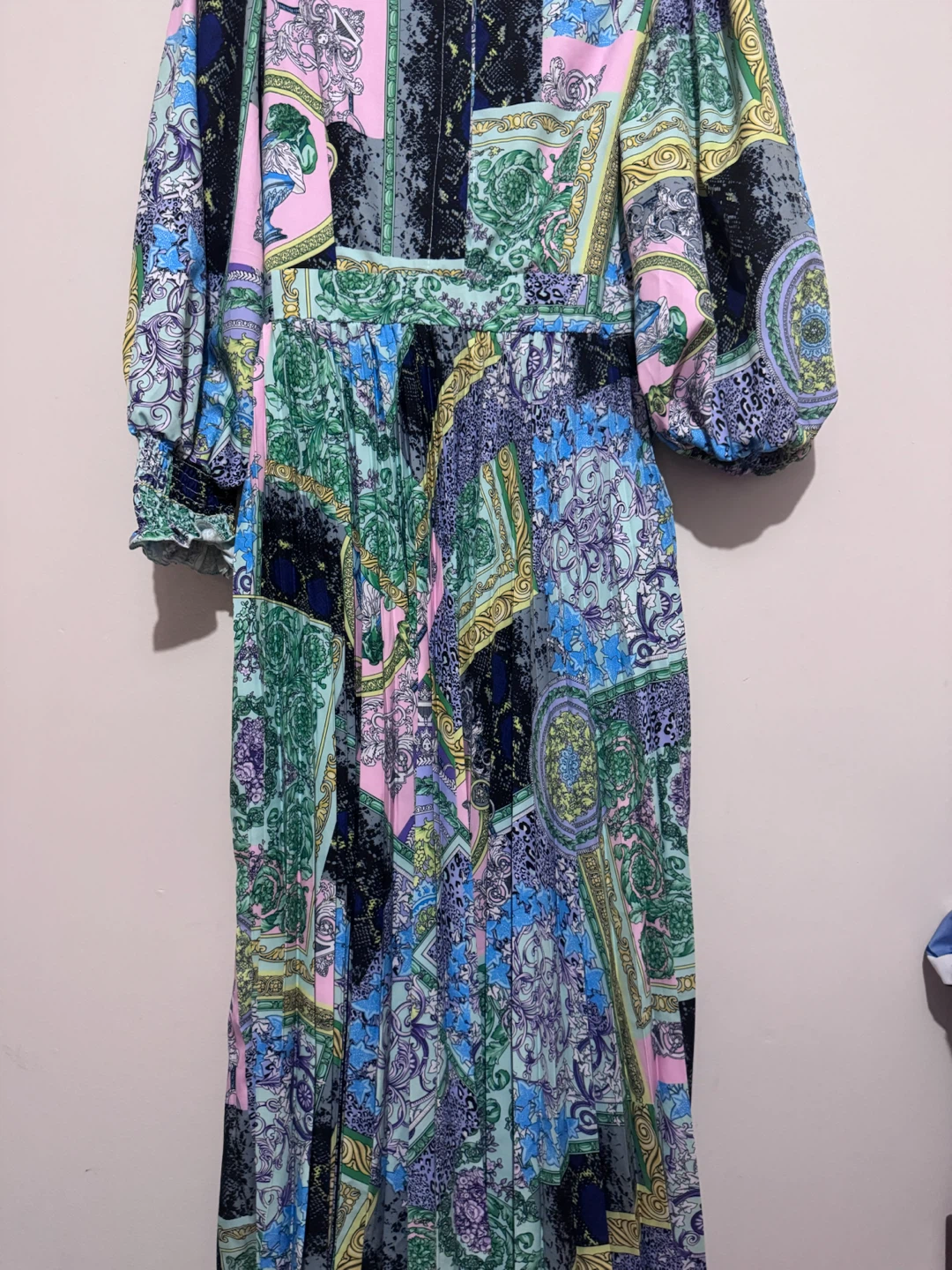 Multicoloured Patchwork Print Pleated Midi Dress
