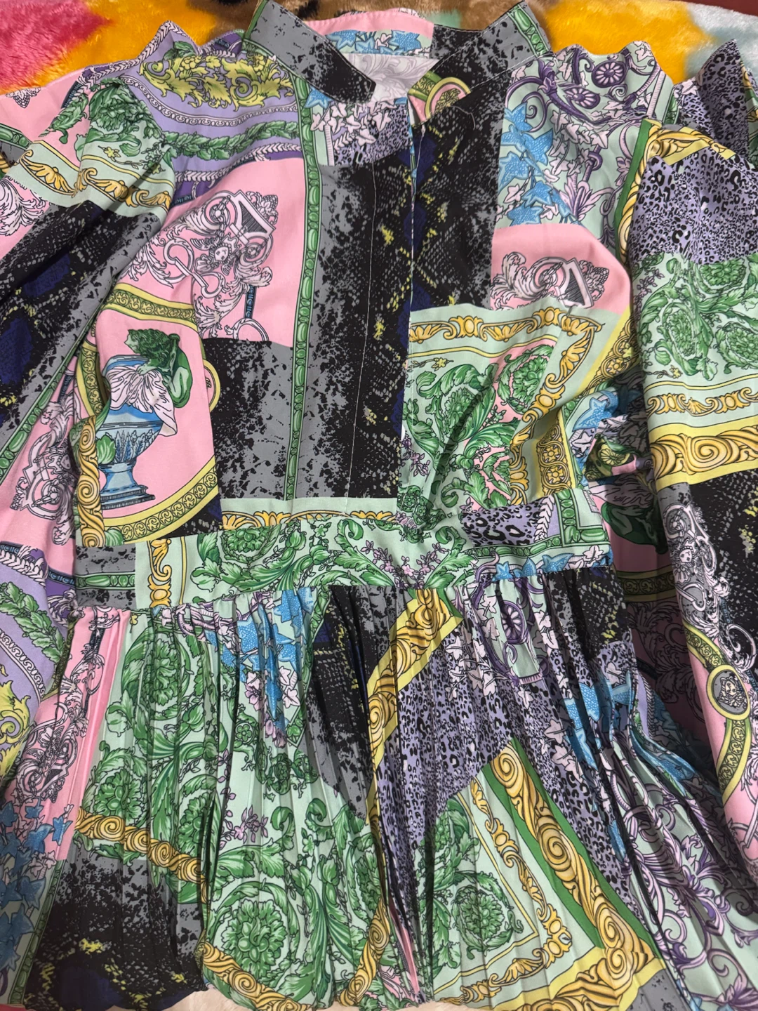 Multicoloured Patchwork Print Pleated Midi Dress - photo 2