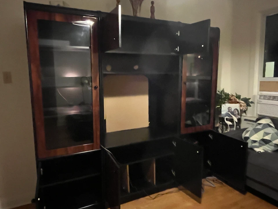 Large Black Entertainment Unit with Glass Doors