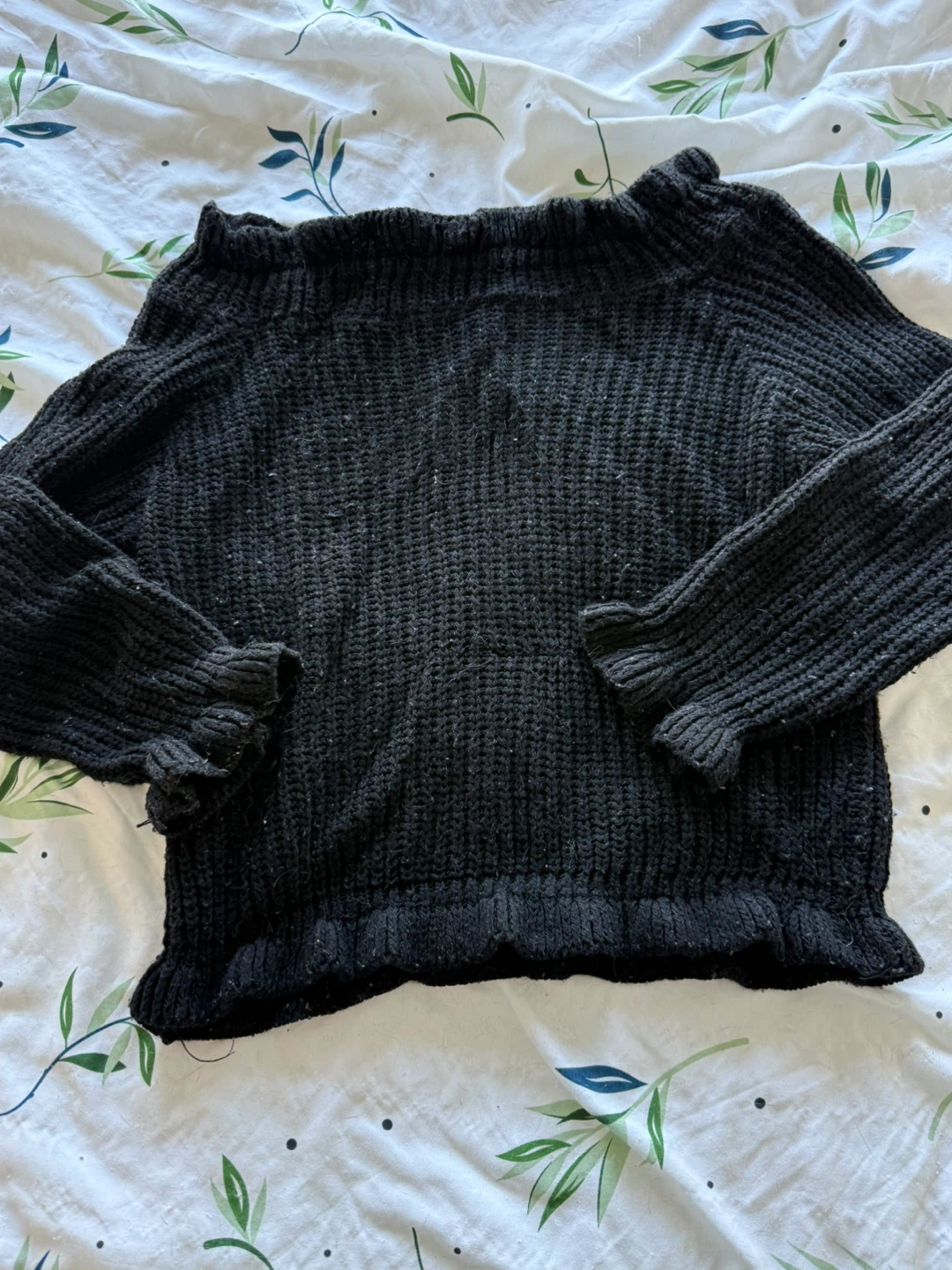 Black Ruffle Trim Knit Sweater