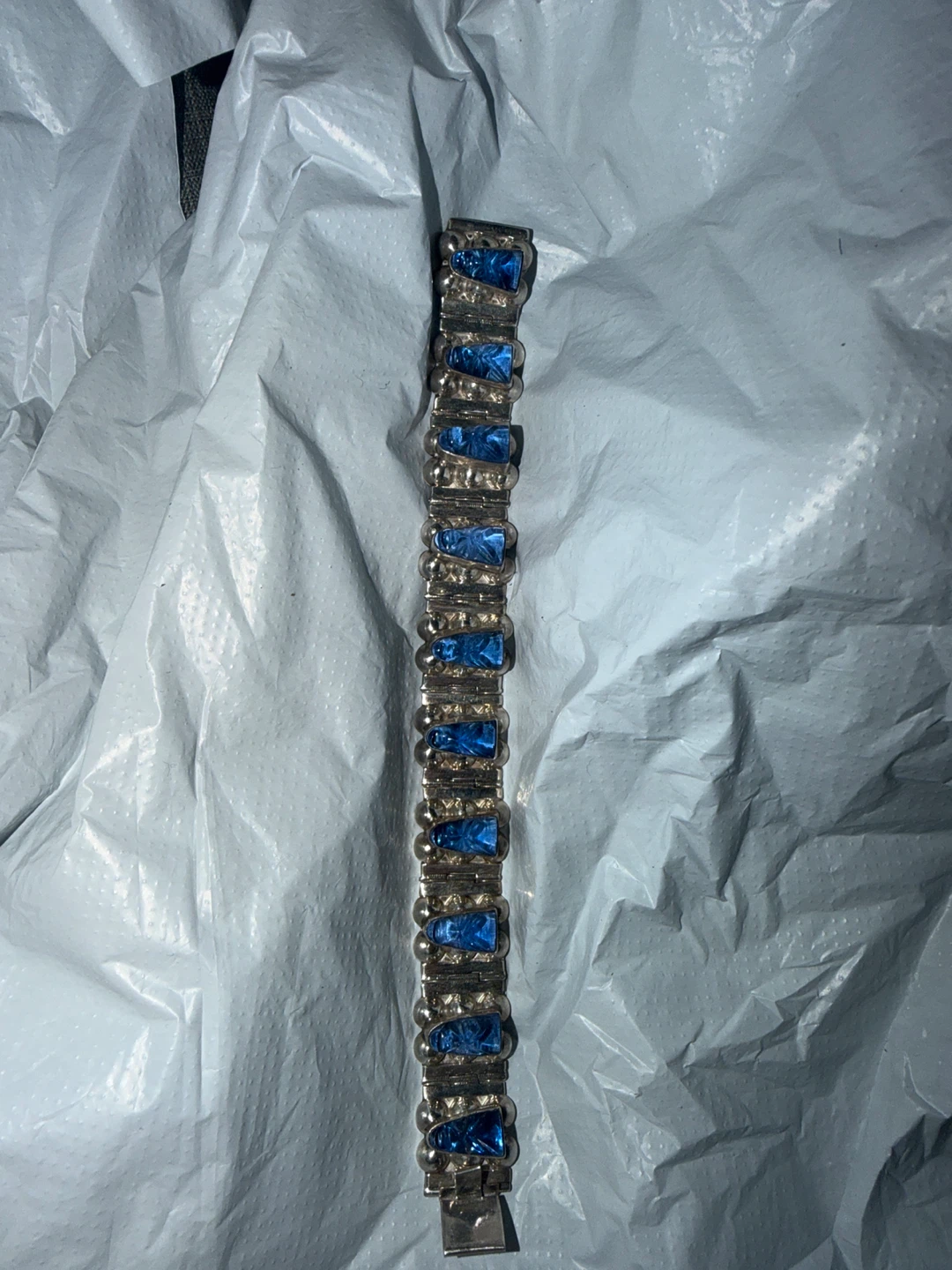 VTG  7” Taxco MX 925 Blue Glass Mask Panel Bracelet - photo 2