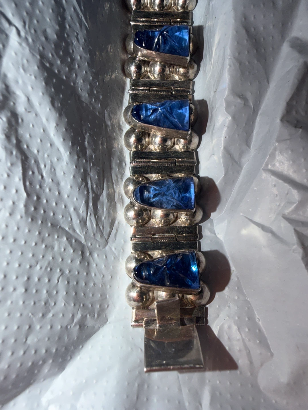 VTG  7” Taxco MX 925 Blue Glass Mask Panel Bracelet - photo 3
