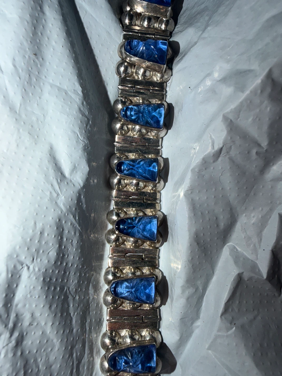 VTG  7” Taxco MX 925 Blue Glass Mask Panel Bracelet - photo 4