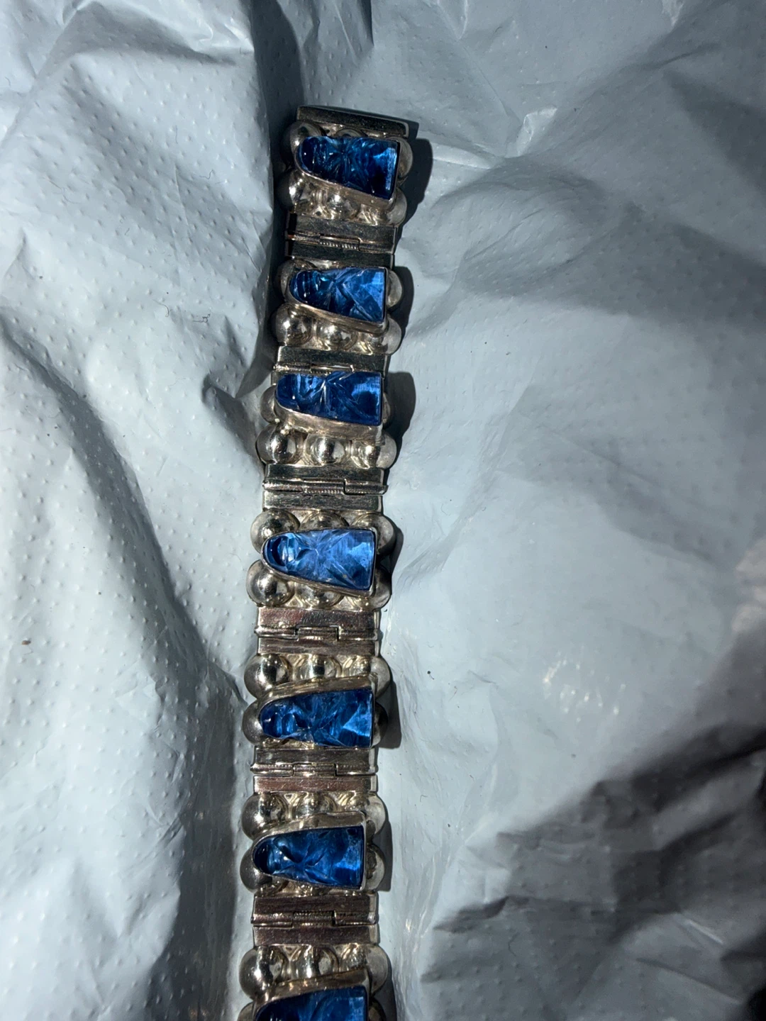 VTG  7” Taxco MX 925 Blue Glass Mask Panel Bracelet - photo 5