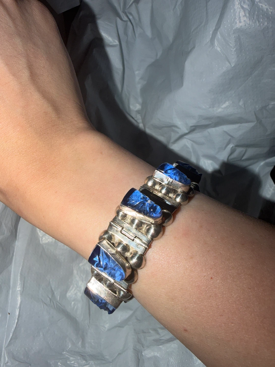 VTG  7” Taxco MX 925 Blue Glass Mask Panel Bracelet