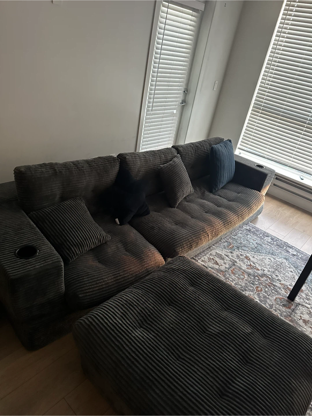 Dark Grey Corduroy Sofa with Ottoman