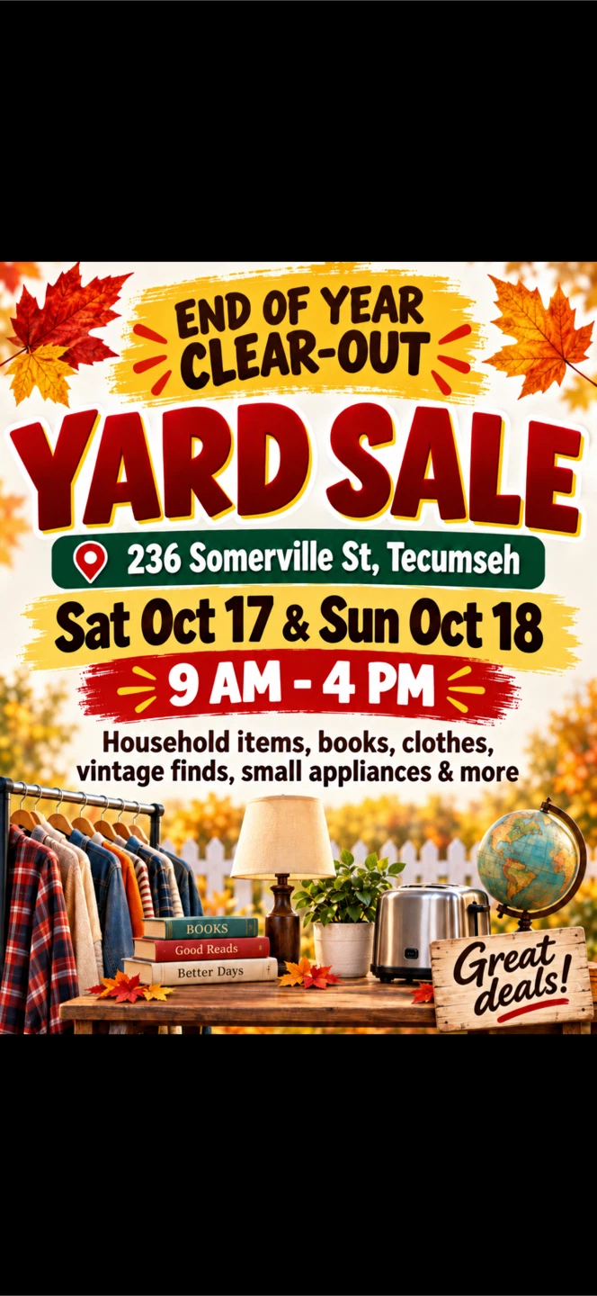 🏡 YARD SALE – Tecumseh ON - Oct 16/17
