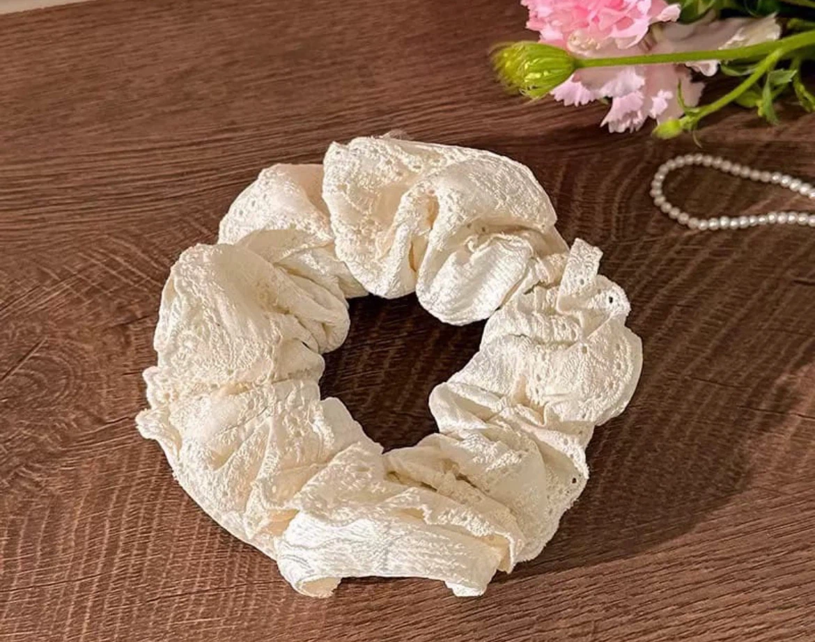 White Embroidered Fabric Scrunchie