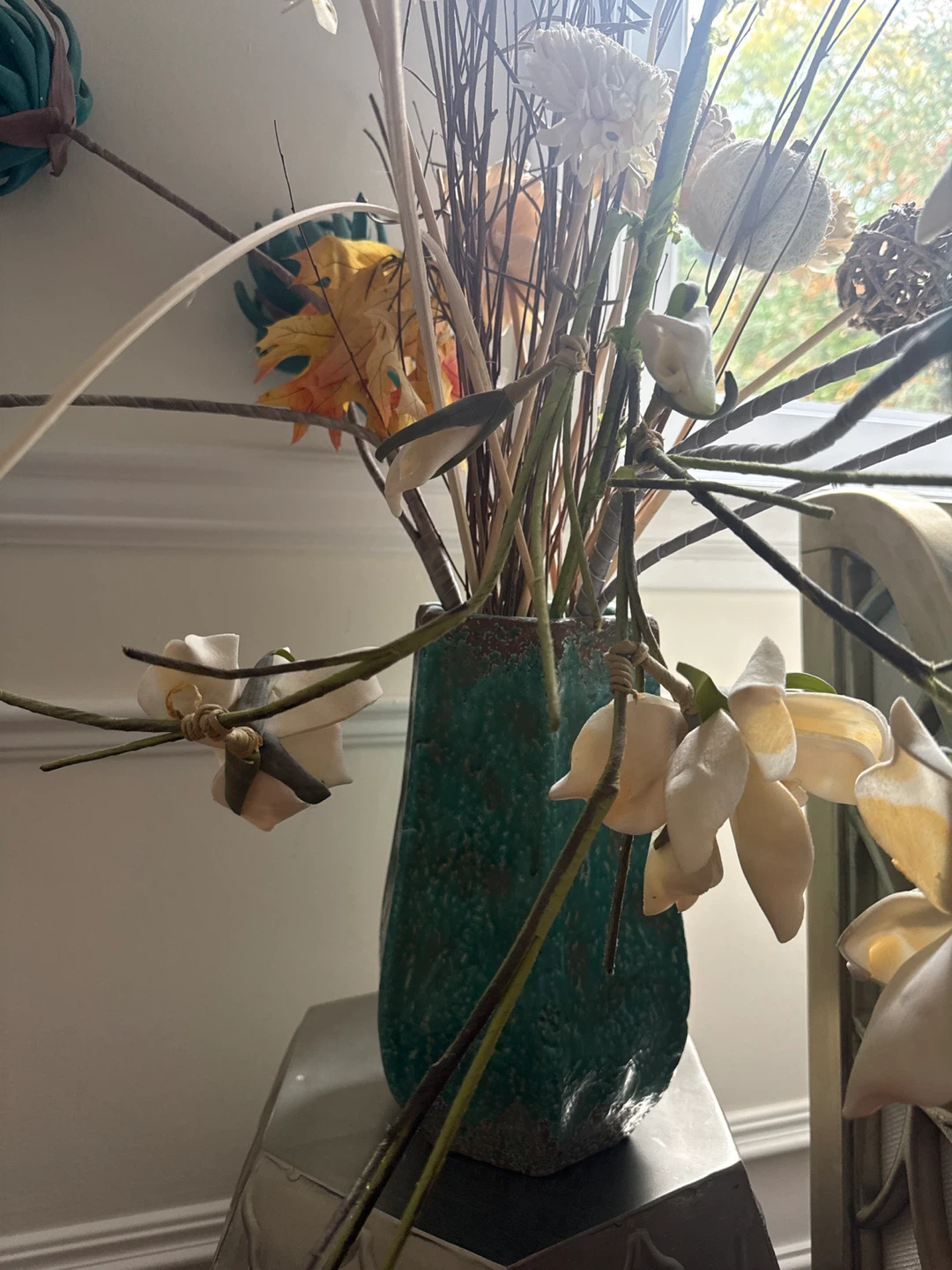 Decorative Teal Vase with Dried Floral Arrangement