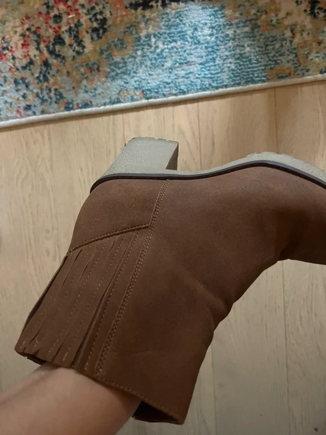 Brown Fringed Block Heel Ankle Boots