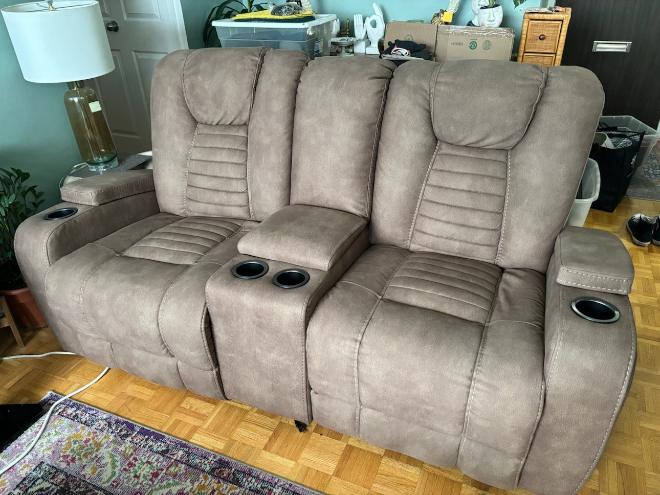 Taupe Power Reclining Loveseat with Console