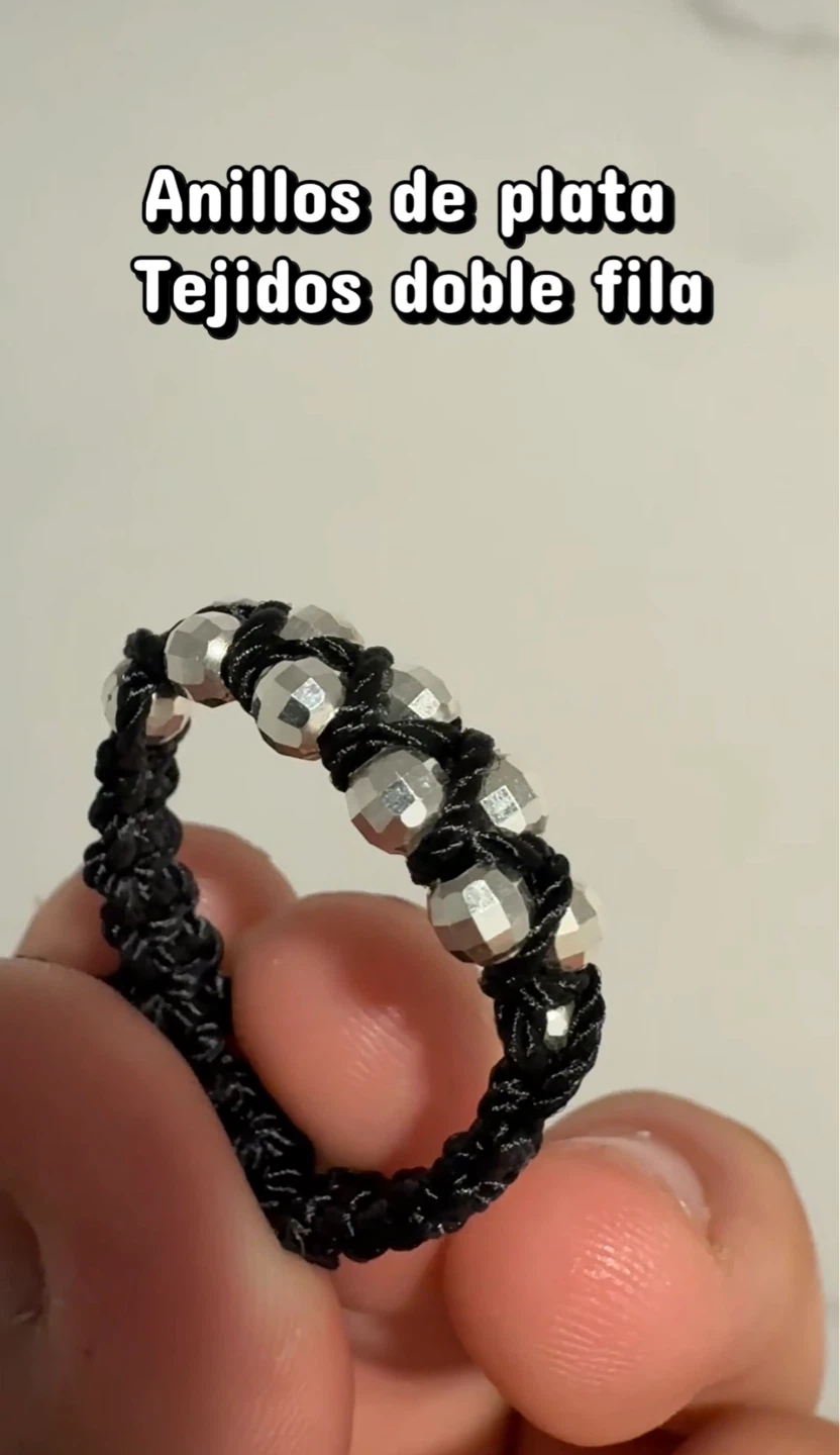 Woven Black Cord Ring with Silver Beads