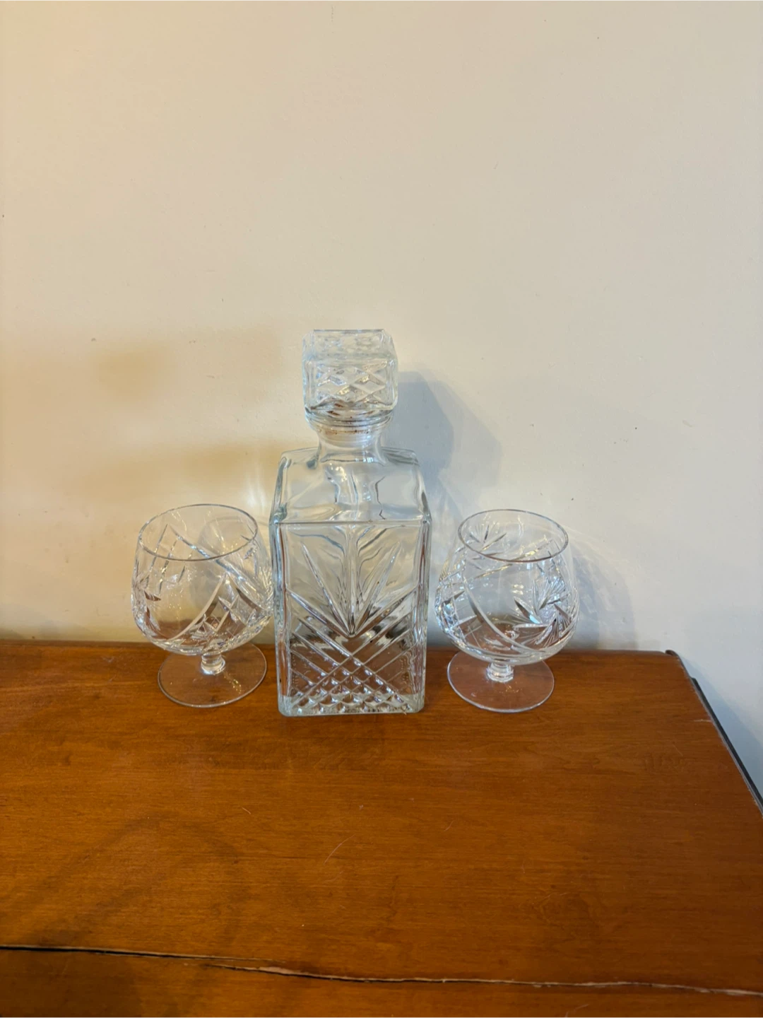 Glass Decanter and Two Crystal Snifter Glasses
