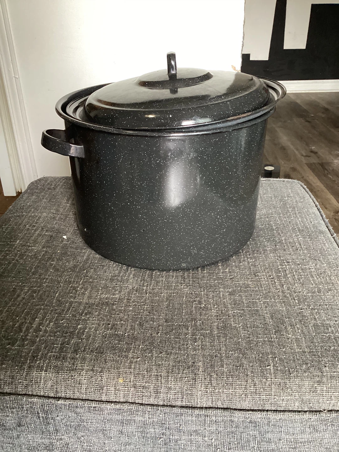 Large Black Enamel Speckled Stock Pot