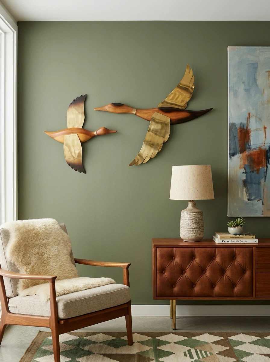 Vintage Mid-Century Modern Wood and Brass Flying Ducks