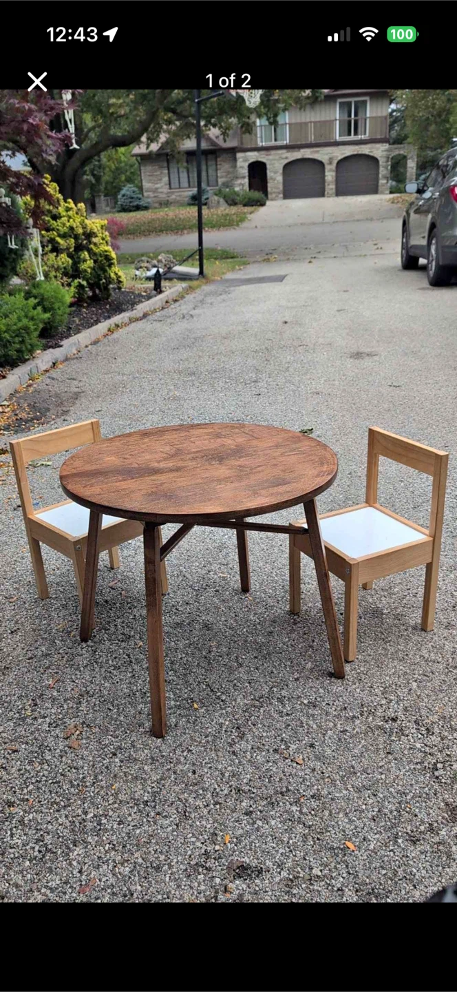 Childrens Round Wooden Table and Two Chairs