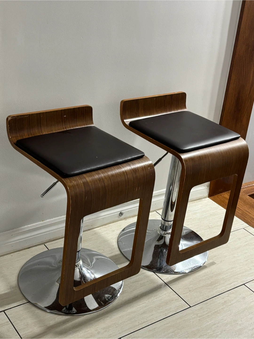 Set of 2 Adjustable Walnut and Chrome Bar Stools