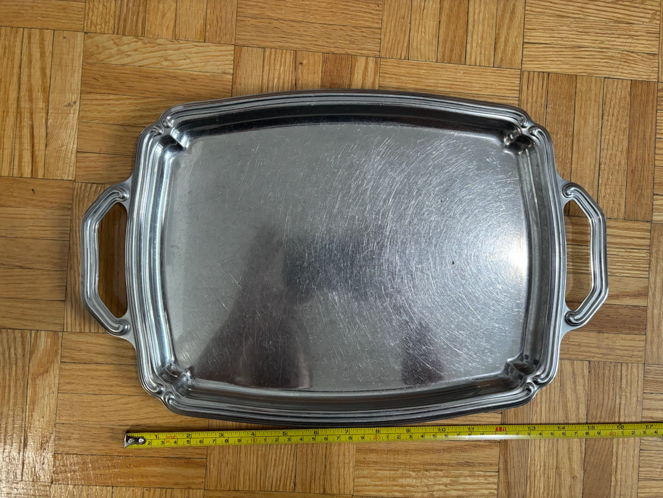 Silver-toned metal serving tray