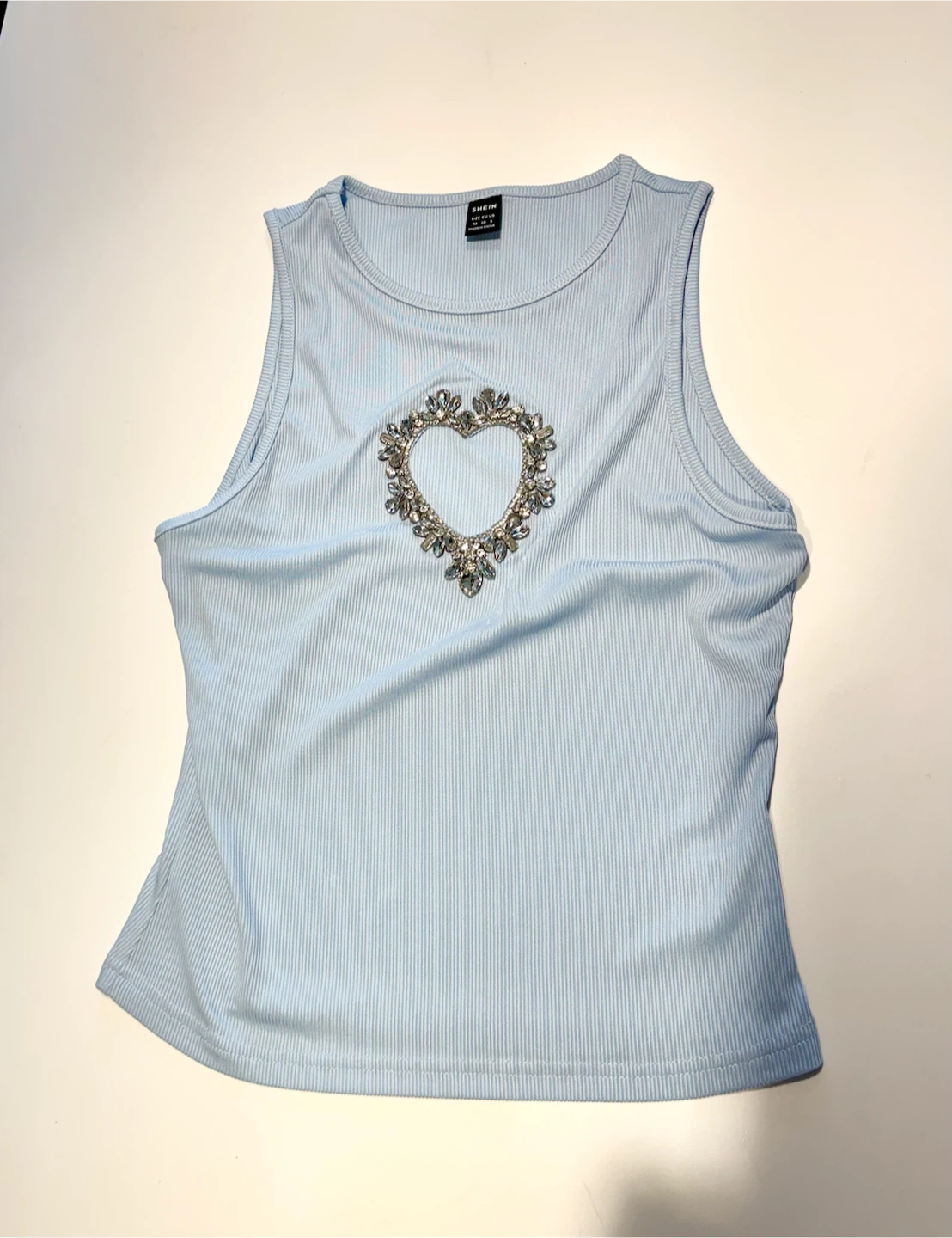 SHEIN Light Blue Rhinestone Heart Tank Top