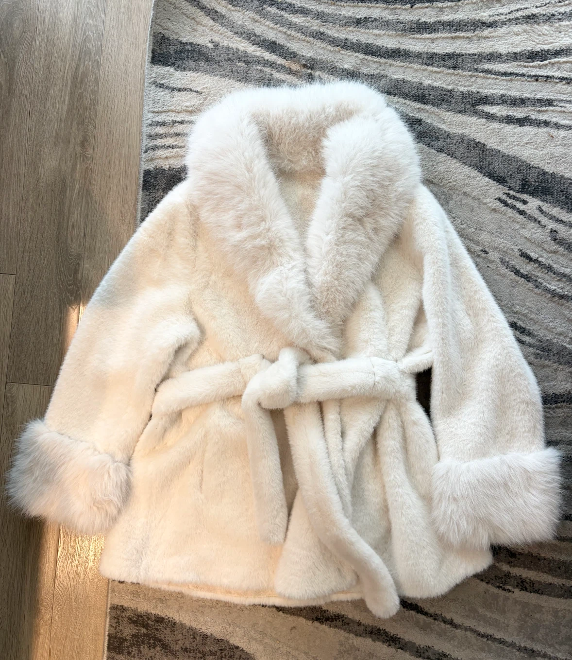 White Faux Fur Belted Coat size medium