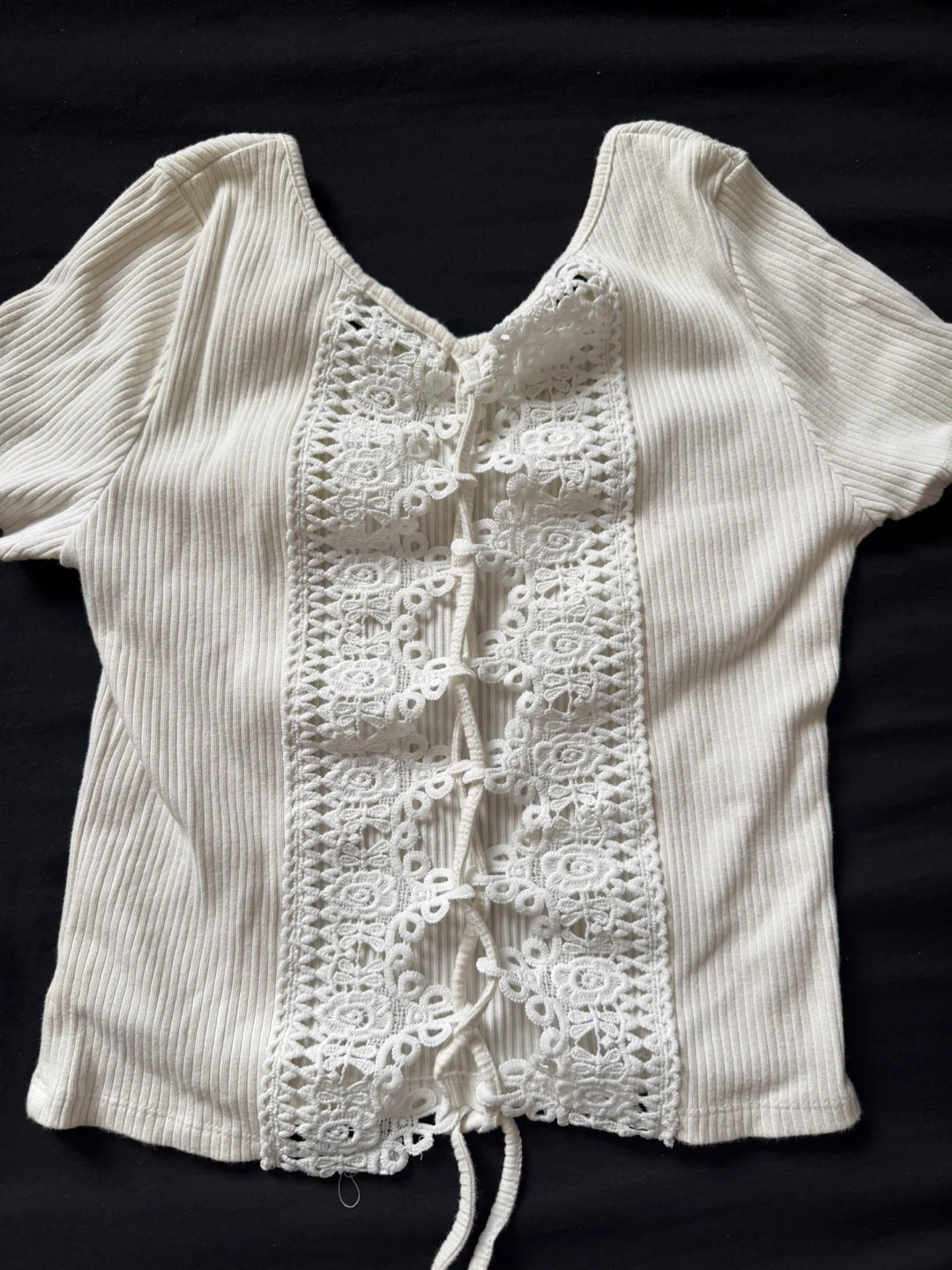 Cream Ribbed Lace-Up Front Top