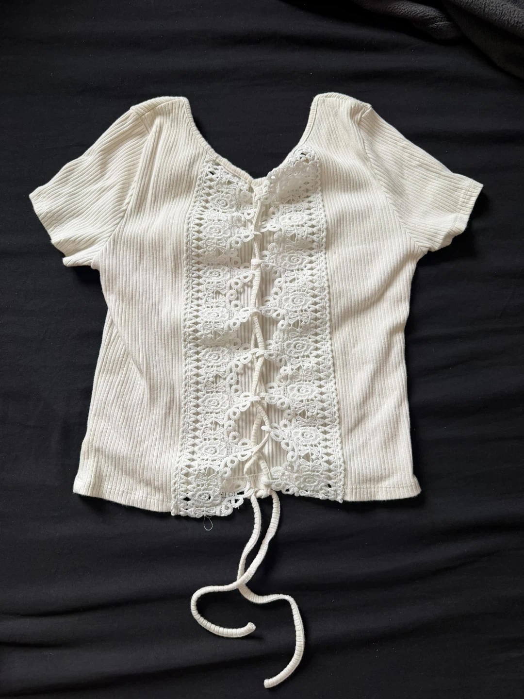 Cream Ribbed Lace-Up Front Top - photo 2