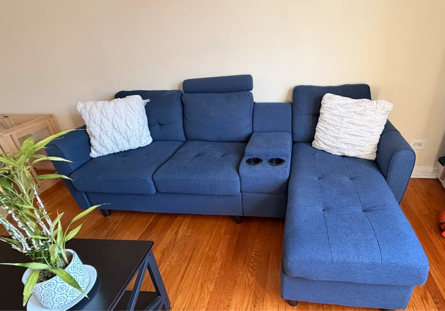 Blue Sectional Sofa with Cup Holders