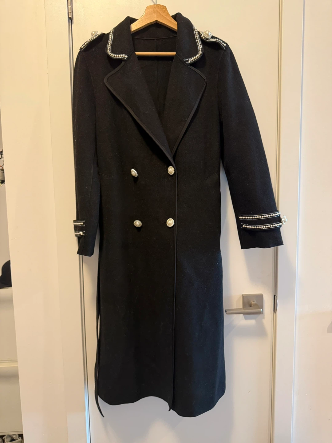 M Black Long Trench Coat with Pearl Detailing