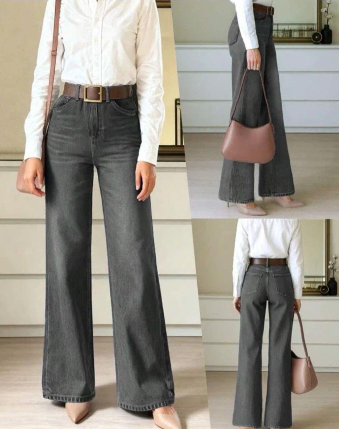 Grey wide-leg denim jeans