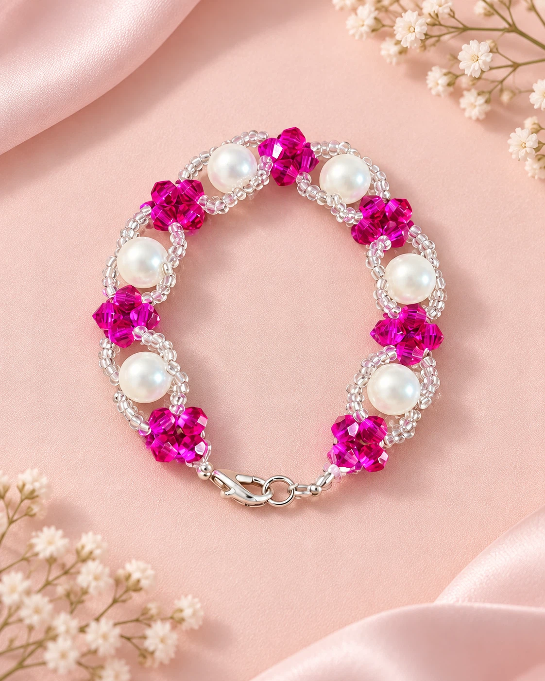 Handcrafted Pink Crystal and Pearl Beaded Bracelet